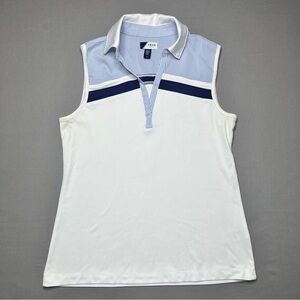 Izod Golf Sleeveless Polo in White with Light Blue Stripes and Navy Accents